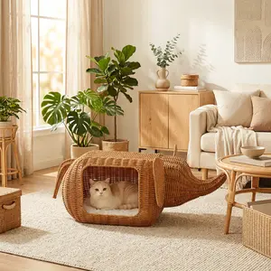 PAWZ Road Elephant Cat House, Handwoven Wicker Cat Bed with Plush Cushion for Indoor Cats, 35x 12x 13 Inches, Sturdy Natural Rattan Hideaway#SummerVibes #petlovers