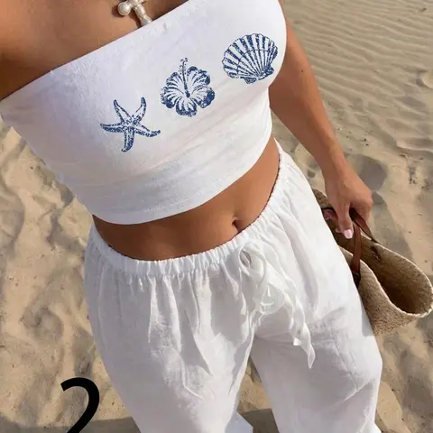 2 Piece Set Women's Beach, Shell and Starfish Print, Y2K Style, Casual Cool Chic, Perfect for Beach Vacation Wear, Womenswear Beachwear Trend