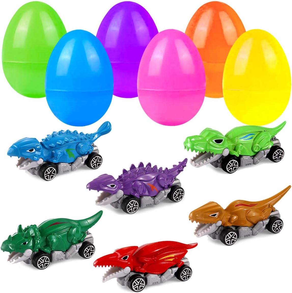 6-Pack Prefilled Easter Eggs with Metal Dinosaur Car Toys – Vehicles Set for Kids, Boys & Girls, Easter Basket Stuffers, Party Favors, Hunt & Egg Fillers