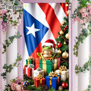 2D flat banner, 1pcPuerto Rican Christmas Frog Decor, Festive Holiday Gift Boxes & Tree Banner - Puerto Rican Flag Themed Christmas Decorationsgalentines party decor, valentine day decor, decorations for valentines day