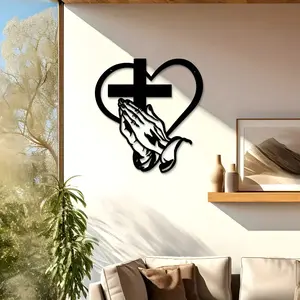 Elegant Metal Christian Heart & Cross Wall Art, Praying Hands Design, Indoor Outdoor Iron Sculpture, Perfect for Living Room Garden Office Farmhouse Decor, Modern Home Decor