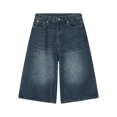 Inflation Men's Retro Casual Wide-Leg Vintage Washed Denim Jean Shorts - 2026 Spring Summer Distressed Knee-Length Culottes, Y2K Oversized Menswear Bottoms