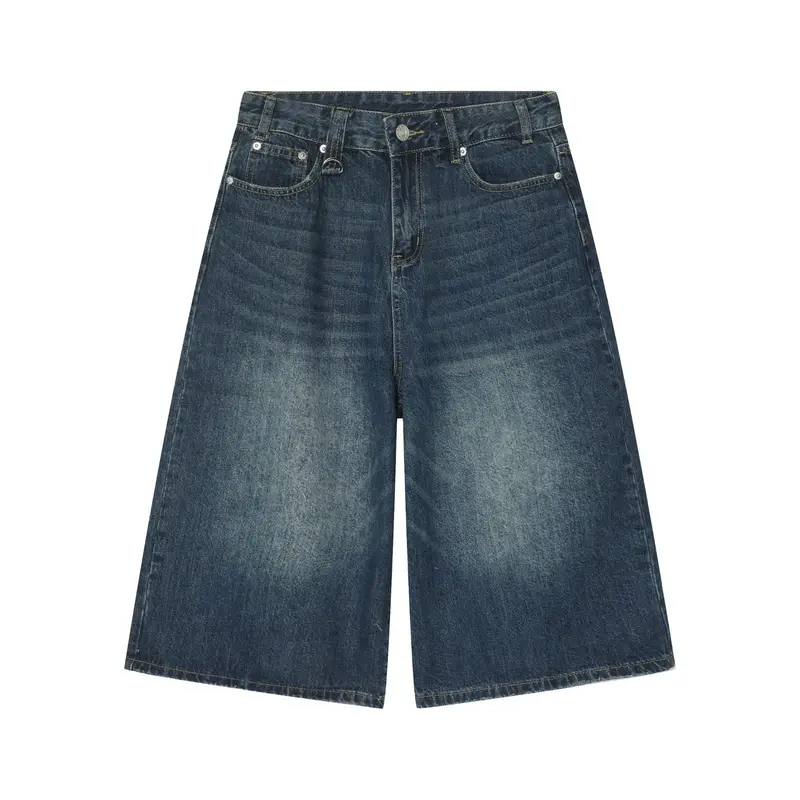 Inflation Men's Retro Casual Wide-Leg Vintage Washed Denim Jean Shorts - 2026 Spring Summer Distressed Knee-Length Culottes, Y2K Oversized Menswear Bottoms