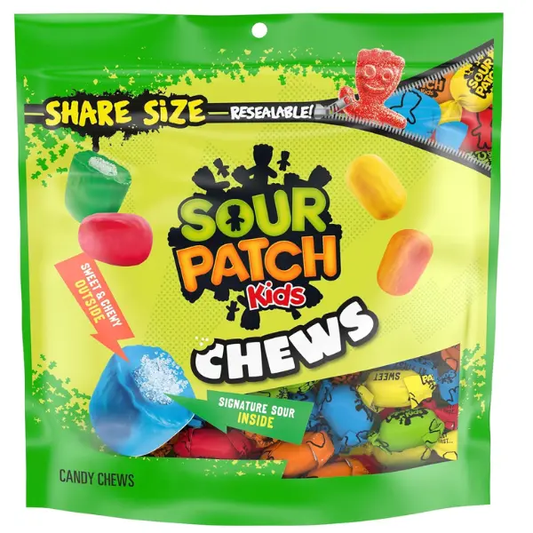 Sour Patch Kids Chews, Soft & Chewy Fruity Candy, Share-Size 8.12 Oz Bag with Red 40, Palm Oil, Glycerin, Citric Acid, Sweet & Sour Snacks, Sour Patch Chews