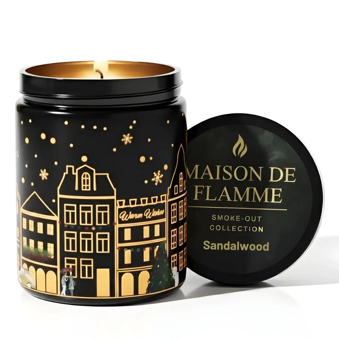 Maison De Flamme Sandalwood Light-Up Scented Candle – Dual LED Glow + Flame | Smoke-Out Collection (Black Jar, 200g / 7oz)