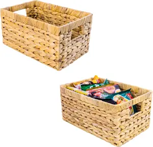 Water Hyacinth Storage Baskets with Handles, Woven Wicker Baskets for Organizing, Medium Pantry Storage Baskets for Kitchen and Home Organization (Set of 2)