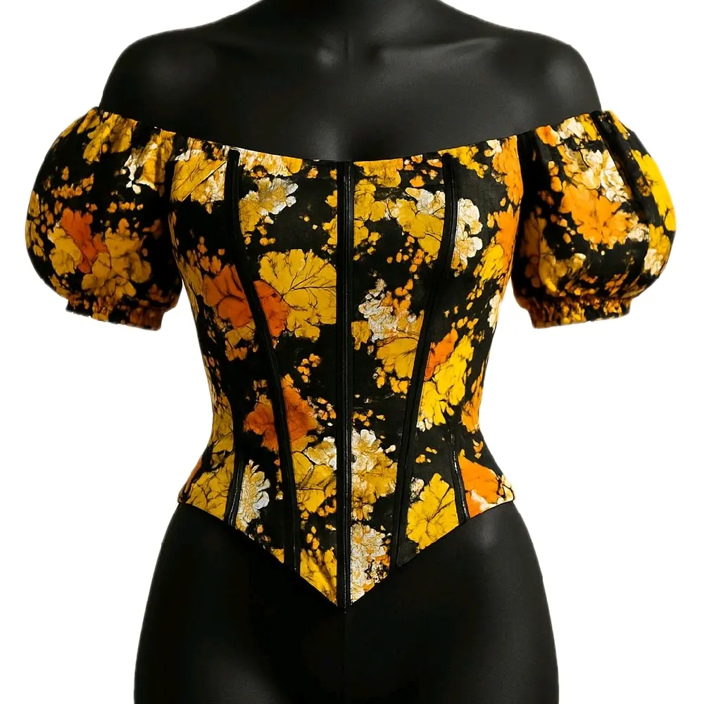 alkeBULANPrints Sika Corset Shirt - Off-Shoulder African Print Top with Golden Amber Leaves on Deep Black Background Fitted Bodice & Puffed Sleeves