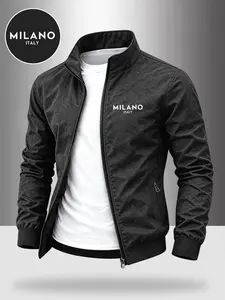 Men's Milan City Theme Stand Collar Jacket, Business Casual Windproof Coat, Smooth Zipper Letter Print, Daily Commute, Light Sports