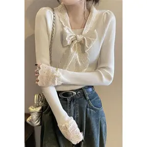 2025 French Lace Bow Knitted Sweater Women's Spring and Autumn 2025 Red Slim Fit Bottom Sweater Top