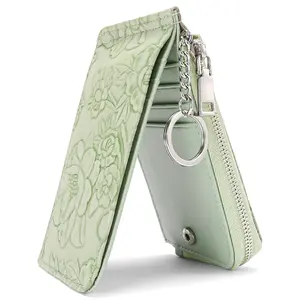 1pc Mint Green Embossed Flower PU Leather Card Holder Organizer with Key Ring Slim Compact Ladies Wallet Multi-Slot Card Case Zipper Coin Purse for Work Shopping