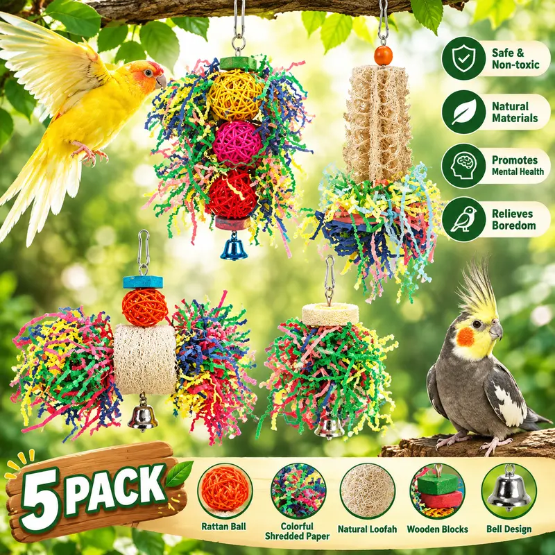 Brightly Colored Interactive Bird Foraging Shredder Hanging Toy - Hand-Woven Rattan Balls, Natural Loofah, Crinkly Paper, Chew & Hide Chewing Accessory, Easy Installation, Small Cage Friendly, Safe, Encourages Natural Behaviors (No Rope Perch)