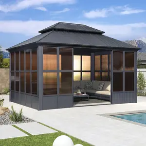 PURPLE LEAF 12' x 16' Hardtop Gazebo For Patio | Screen House Grey Aluminum Solarium Canopy PURPLE LEAF 12' x 16' Hardtop Gazebo For Patio | Screen House Grey Aluminum Solarium Canopy