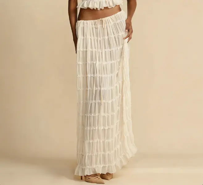Women's Cream Tiered Ruffle Maxi Skirt - Drawstring Waist Sheer Chiffon Long Skirt for Spring & Summer