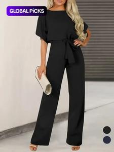 women's plain cut out tie front batwing sleeve jumpsuit, casual chic simple short sleeve straight leg romper for summer, fashion women's jumpsuit for daily wear, regular fit one piece, womenswear, clothes for women