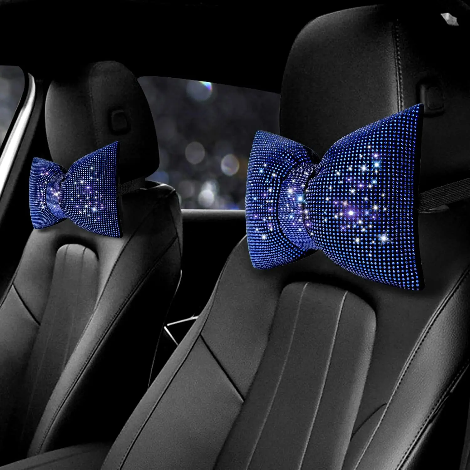 2 count Rhinestone  Headrest  Pillow for Driving with Bling Bling  Bow Pillow  Accessories for Women (Blue)