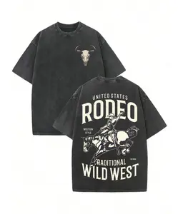 Men’s Western Rodeo Cow Skull Graphic T-Shirt, Vintage Wild West Tee, Bold Front & Back Print, Casual Streetwear Country Style