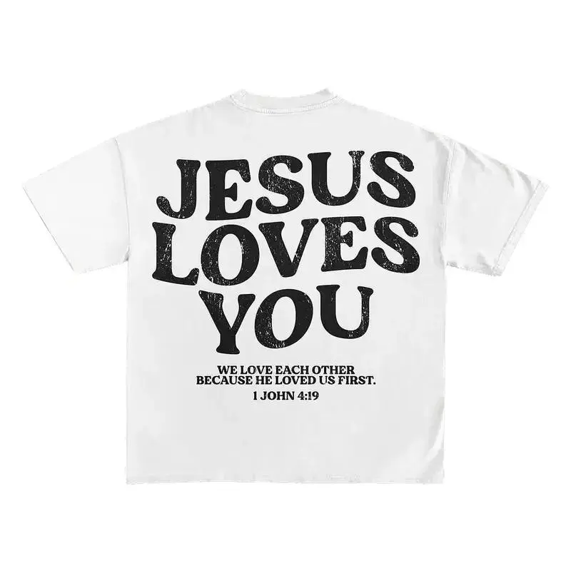 FEEGO Men's Christian Jesus Loves You Streetwear T-Shirt, 100% Cotton Round Neck Short Sleeve Top