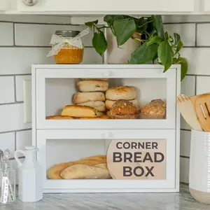 Corner Bread Box for Kitchen Countertop - New 2025 Airtight Design, Extra Large Double Layer White Breadbox, Vintage Storage for Homemade Bread