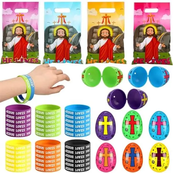 Easter Religious Party Favor Set Include 36 Pcs Easter Eggs Fillers 36 Pack Christian Goody Bags 36 Pack Jesus Loves You Wristbands for Church Party Supplies Sunday School Classroom Gift Egg Hunt Basket Stuffers
