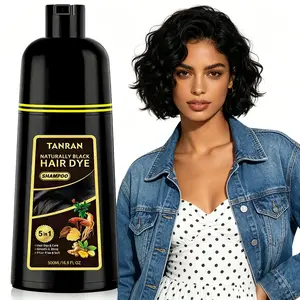 TANRAN Herbal 5 in 1 Hair Dye Shampoo Natural Black - Easy Color Wash For Men And Women Grey Coverage, Gentle Plant Hair Tint, All-In-One Hair Dye & Care Action, Leaves Locks Beautifully Smooth & Shiny, Anti Frizz-Free & Soft 500ML, Hair Color