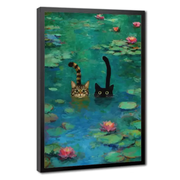 Monet Water Lilies Cat Art Print, Funny Tabby & Black Cat in Water Lily Pond Poster, Impressionism Cat Wall Decor, Cute Cat Painting for Living Room Bathroom Home Decor