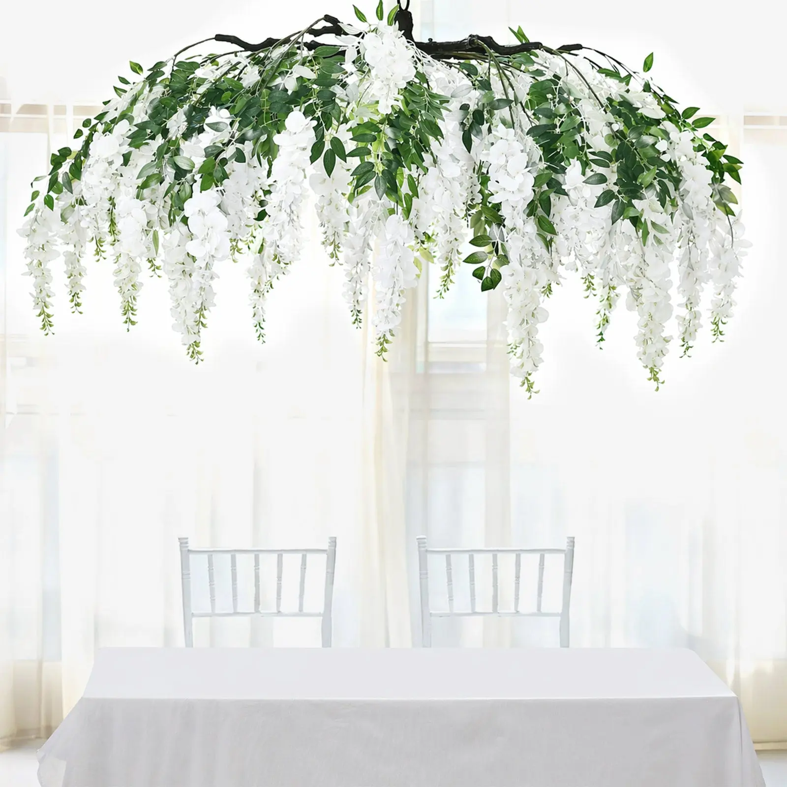 55-in White Artificial Silk Wisteria Vine 1-Pole Round Hanging Canopy - Metal-Plastic Draped Floral Garland Chandelier with Interchangeable Branches, Hanging Artificial Flowers for Home, Wedding Decor