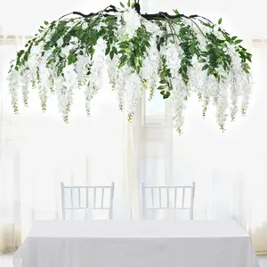 White Artificial Silk Wisteria Vine Round Hanging Canopy, Draping Garland Flower Chandelier With Interchangeable Branches 55"