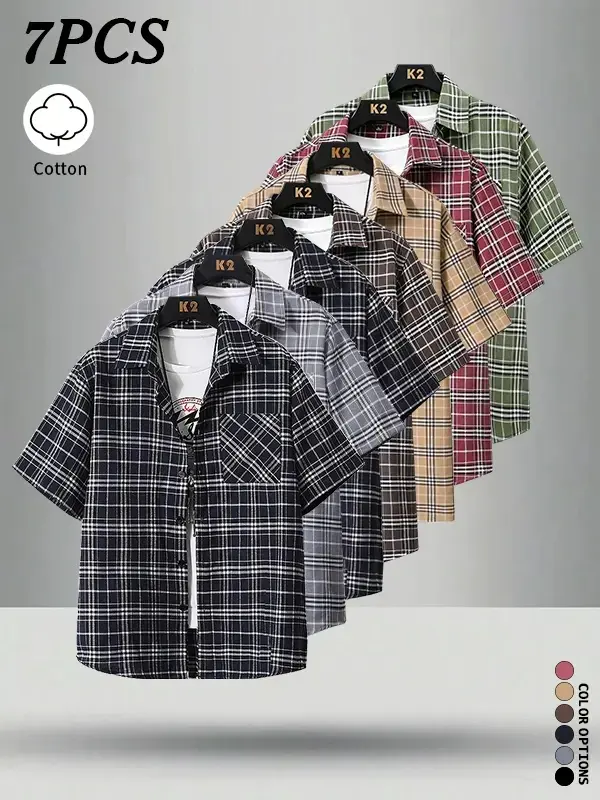 7-pack men’s summer cotton plaid shirts-skin-friendly, breathable, sweat-wicking, moisture-management design; multiple plaid patterns/colorways; classic, never out of style; versatile for outdoor outings and various occasions.