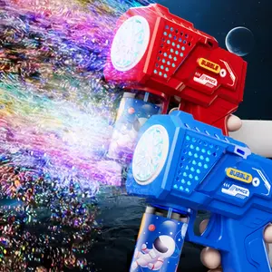 LED Rocket Bubble Gun for Teens - Electric Gatling Design with Multicolor Lights, Portable Outdoor Toy Suitable for Weddings, Birthdays, and Pool Parties, Includes Bubble Solution, Red/Blue, Clearance Deal