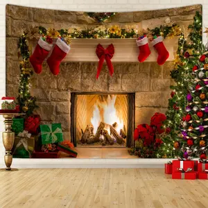 Christmas Fireplace Pattern Tapestry, 1 Count Christmas Themed Photography Background Cloth, Christmas Party Supplies, Home Decor, Christmas Tree