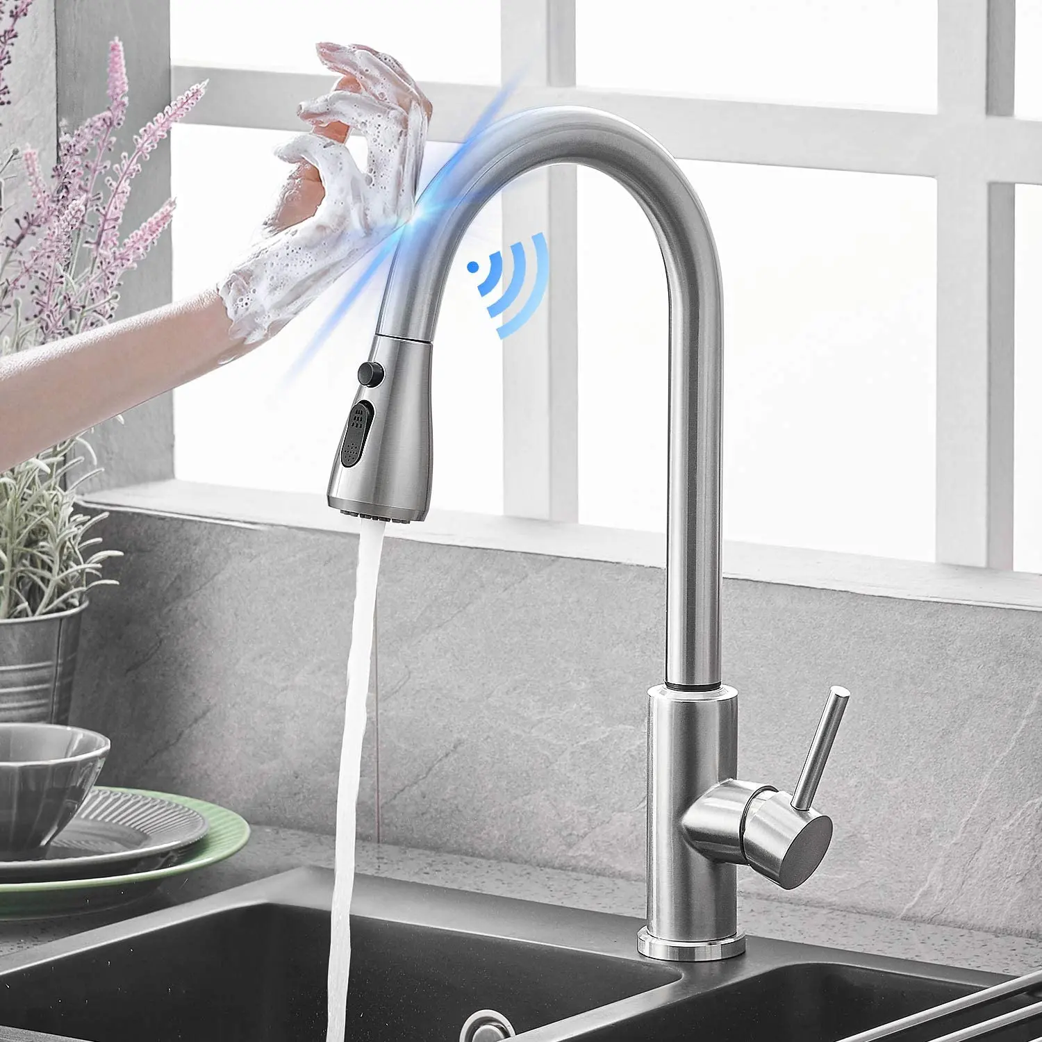Modern Touch Sensor Kitchen Faucet, Brushed Nickel High-Arc Pull-Down Sprayer, Single-Handle Tap for Residential Home Kitchen Counter Sink