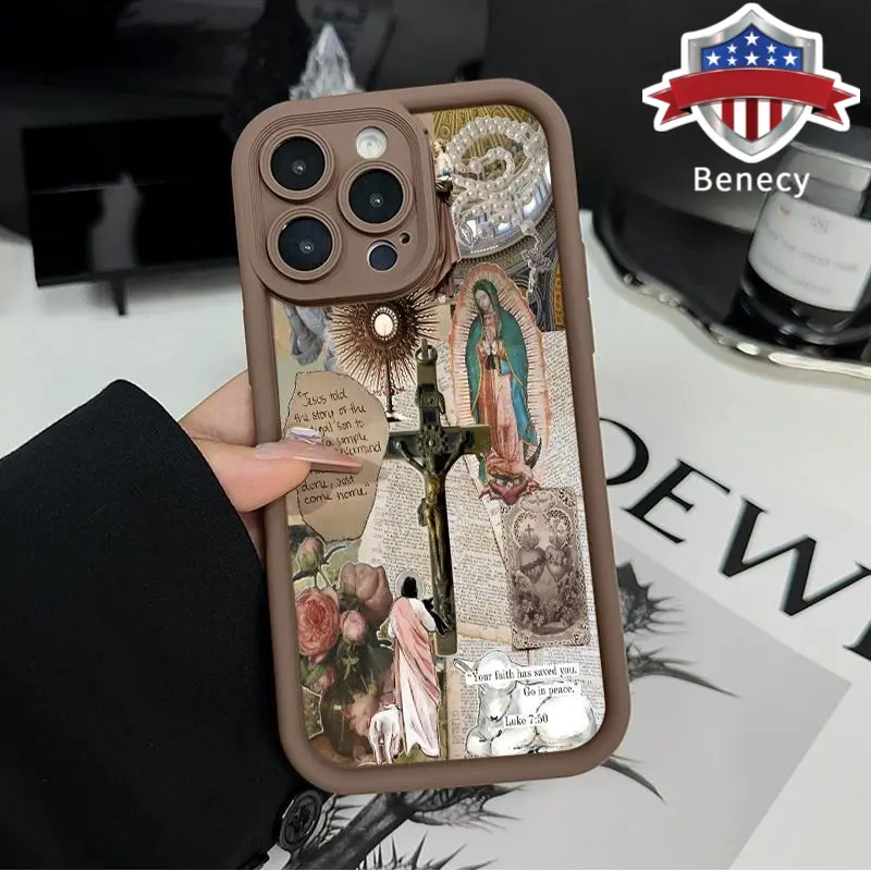 Patterned TPU Smartphone Cover Casing for iPhone 11-16, XR, XS, Plus, E - Virgin Mary Design, Anti-Drop Durable Protection, Shockproof, Matte Smooth Secure Surface, Raised Edges, Easy Grip Accessory