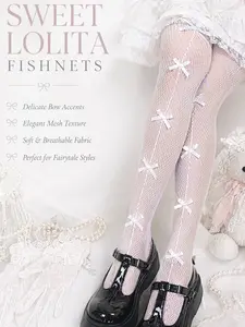 Women's Fashion Japanese Lolita Sweet Bow Decorative Mesh Stockings, Casual Plain Design, All Seasons Wear, Comfortable, Stylish & Breathable