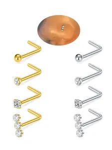 Nose Rings Studs for Women Men 18G 20G Gold Silver 316L Surgical Stainless Steel L Shaped Nose Studs Corkscrew Spiral Nose Ring Nose Piercing Jewelry CZ 2mm 3mm Nose Piercing Kit