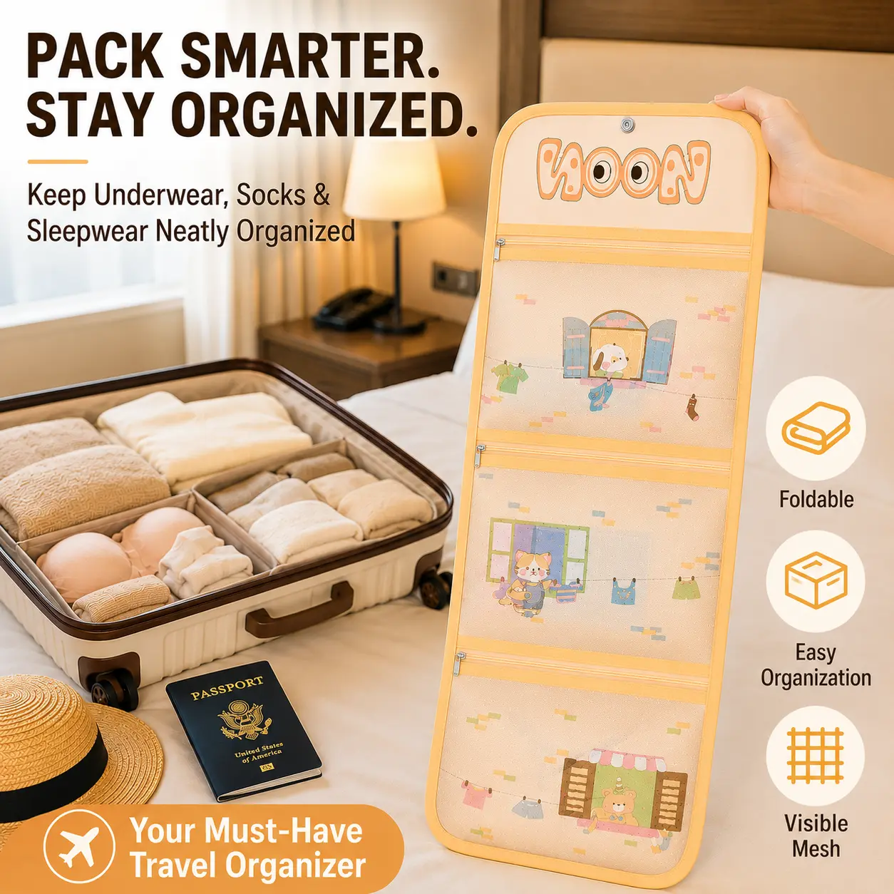 Foldable Travel Storage Bag with 3 Mesh Zippered Pockets, Suitcase Packing Organizer for Underwear, Socks, Sleepwear