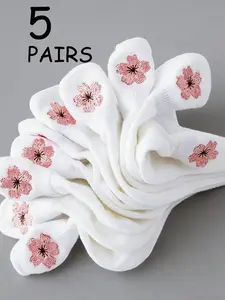 5 Pairs Sakura Embroidered Low-Cut Socks, Cute Floral Design, Comfortable Cotton Material, Perfect for Daily Wear
