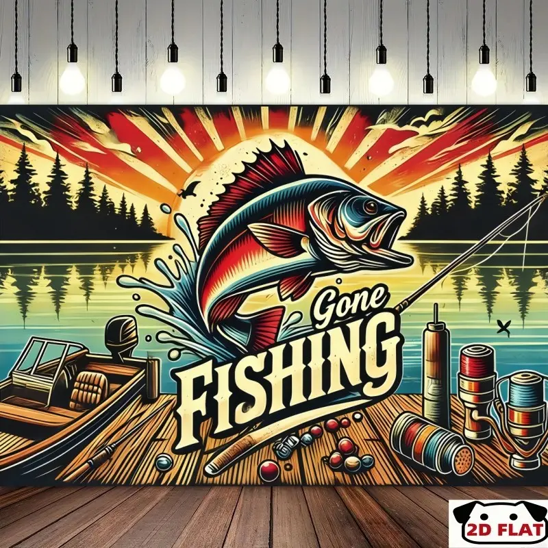2D Flat Banner 1pc, Vibrant Fishing Party Backdrop - 213.36x152. Photography Banner "Gone Fishing" Design, Lakeside Scene Fish & Pine Trees, Indoor/Outdoor Banner Birthdays, Events & Studio Props, Birthday Pa, Photo Backdrops