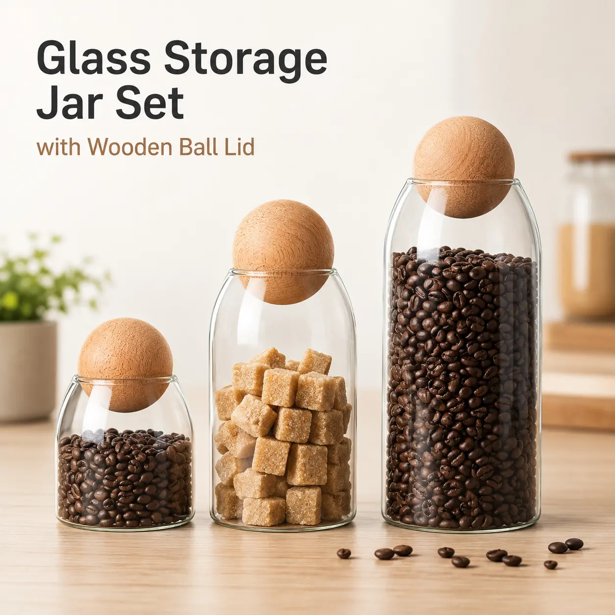 Arthink 3-Piece Smooth Borosilicate Glass Food Storage Bottle Set with Cork Lids, Round Mouth Kitchen Preserving Containers for Coffee Beans, Tea, Sugar (1 set)