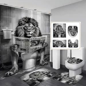 Lion Print Shower Curtain Set, Modern Bathroom Toilet Decor, No-Drill Hooks Included, Multifunctional Bath Divider, Perfect Gift