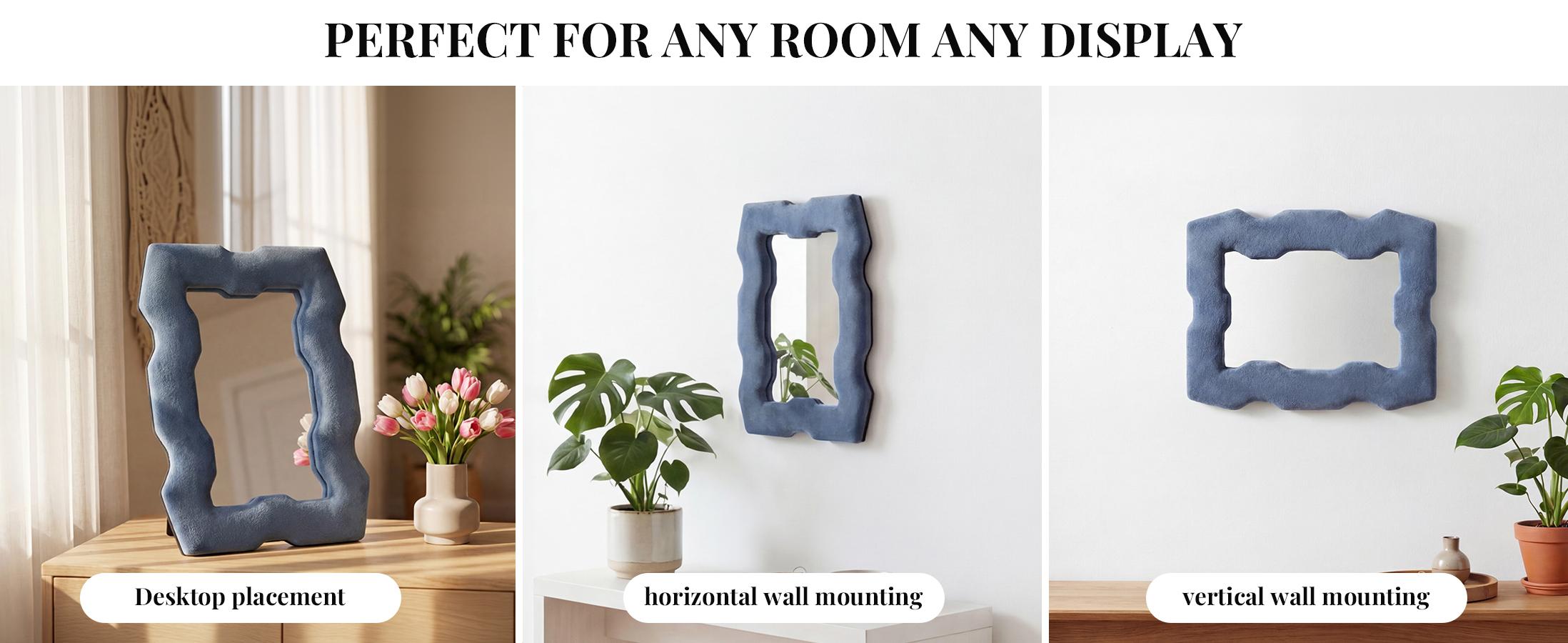 Chic Irregular Wavy Mirror –Modern Blue Decorative Mirror Decor for Vanity, Office & Living Room