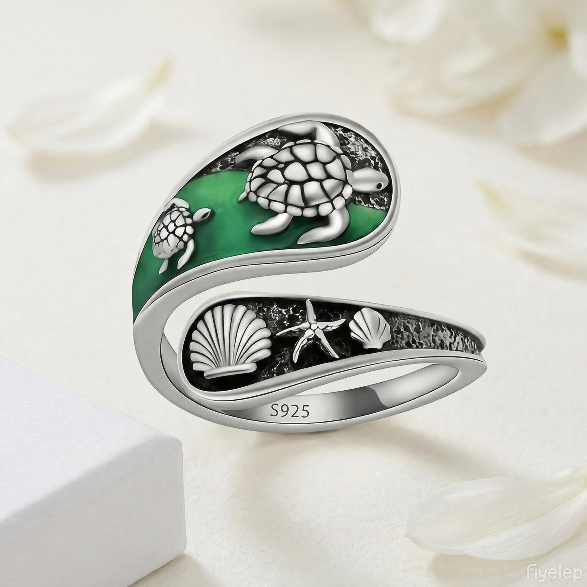【HXS】925 Sterling Silver Sea Turtle Adjustable Ring with Green Enamel Beach Shell Starfish Ocean Jewelry Gift