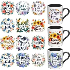 UV DTF Stickers - 12 Sheets Floral Christian UV DTF Cup Wrap for Coffee Mugs Glass, DIY Decals for Tumblers, Waterproof Rub on Transfers for Crafts