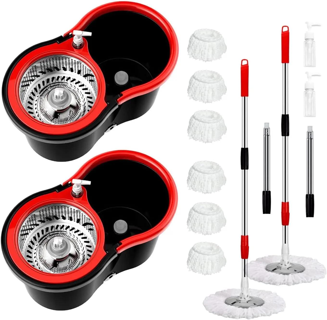 Operable 360 ° Rotating Mop Bucket Set,Mop and Bucket with Wringer Set,with 3 Microfiber Replacement Head ,Stainless Steel Mop Bucket 61 Inch Adjustable Handle Household Cleaning Tools（2 Sets)