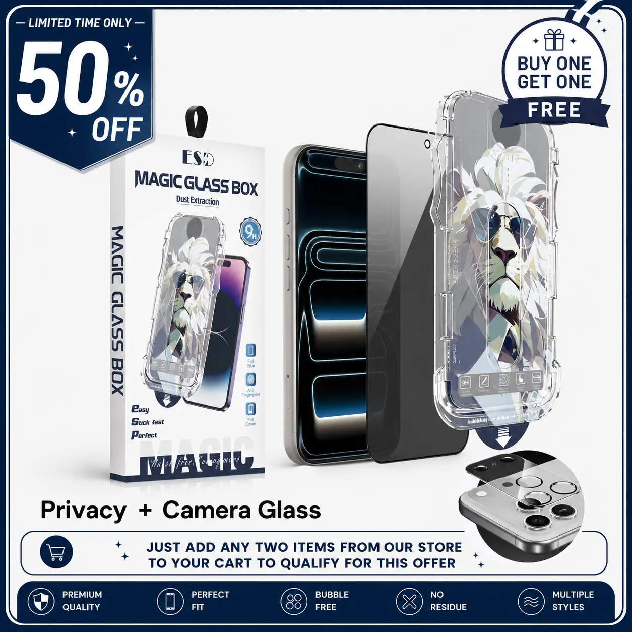 Privacy guard accessory + Camera Lens Protector + Shockproof Clear Case for iPhone 17/16/15/14/13 Pro Max | Lion Magic Glass
