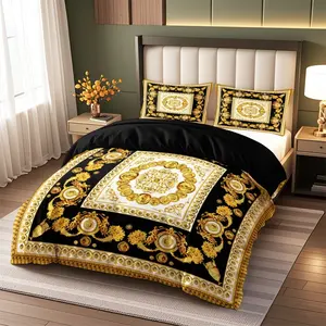 Luxury Gold Digital Print Bedding Set, Soft Breathable Fabric, All Seasons, 1 Fitted Sheet + 2 Pillowcases