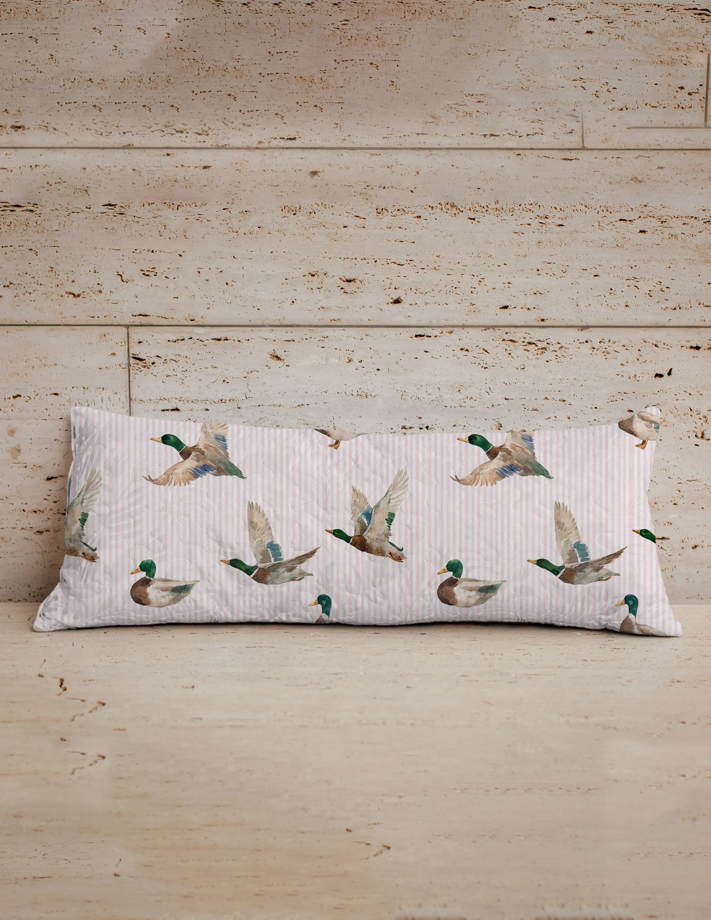 Mallory Ducks Pink Quilted Oblong 14" x33" Pillow