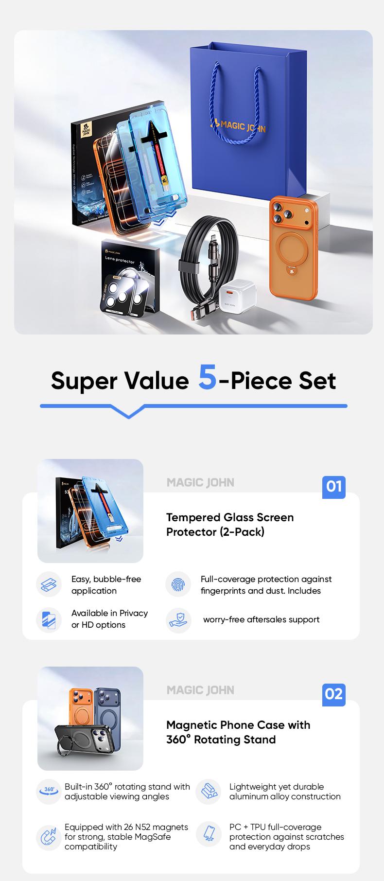 MAGICJOHN Digital Value Bundle for iPhone17/16/15Pro&Pro Max Includes HD or Privacy Tempered Glass Screen Protector, Camera Lens Protector, 360° Rotating Magnetic Stand Phone Case, 45W Super Fast Charger, and 65W USB-C 4-in-1 Charging Cable