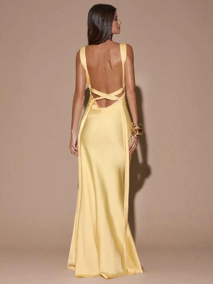 IYUNA Sexy Minimalist Solid Color Yellow Cream Deep V-Neck Sleeveless Backless Tie Maxi Dress Suitable For Party Cocktail Formal Occasions