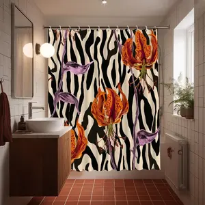 1pc  Floral Shower Curtain | Orange Lily and Zebra Print Pattern Polyester Fabric Bathroom Decor Holiday Gift Machine Washable Includes  Hooks for Bathtub Partition