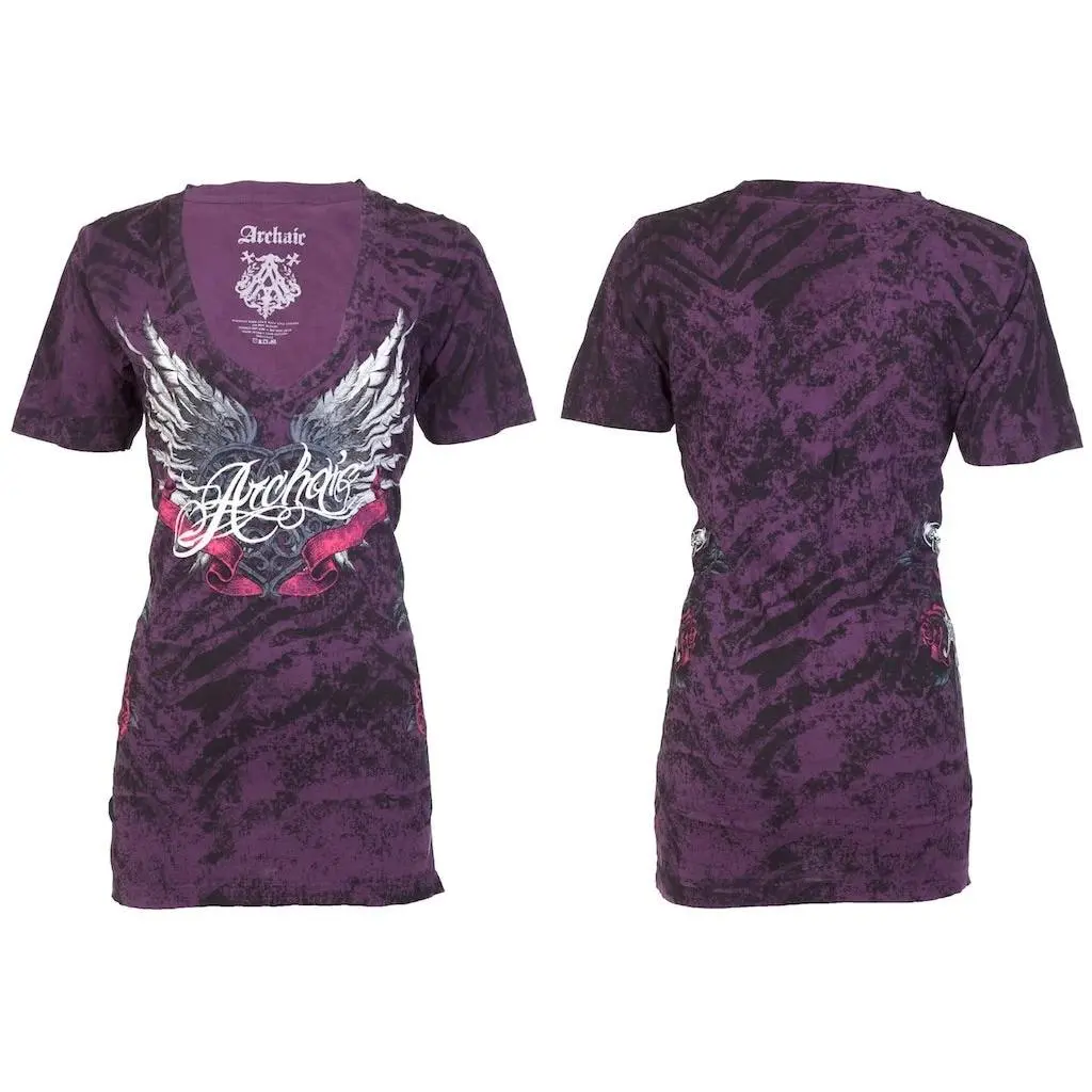 ARCHAIC Women's Cotton Short-Sleeve V-Neck Graphic T-Shirt - Relaxed Fit Streetwear Casual Top (Purple), Tshirt, Front/Back Graphics, Full Graphic Print